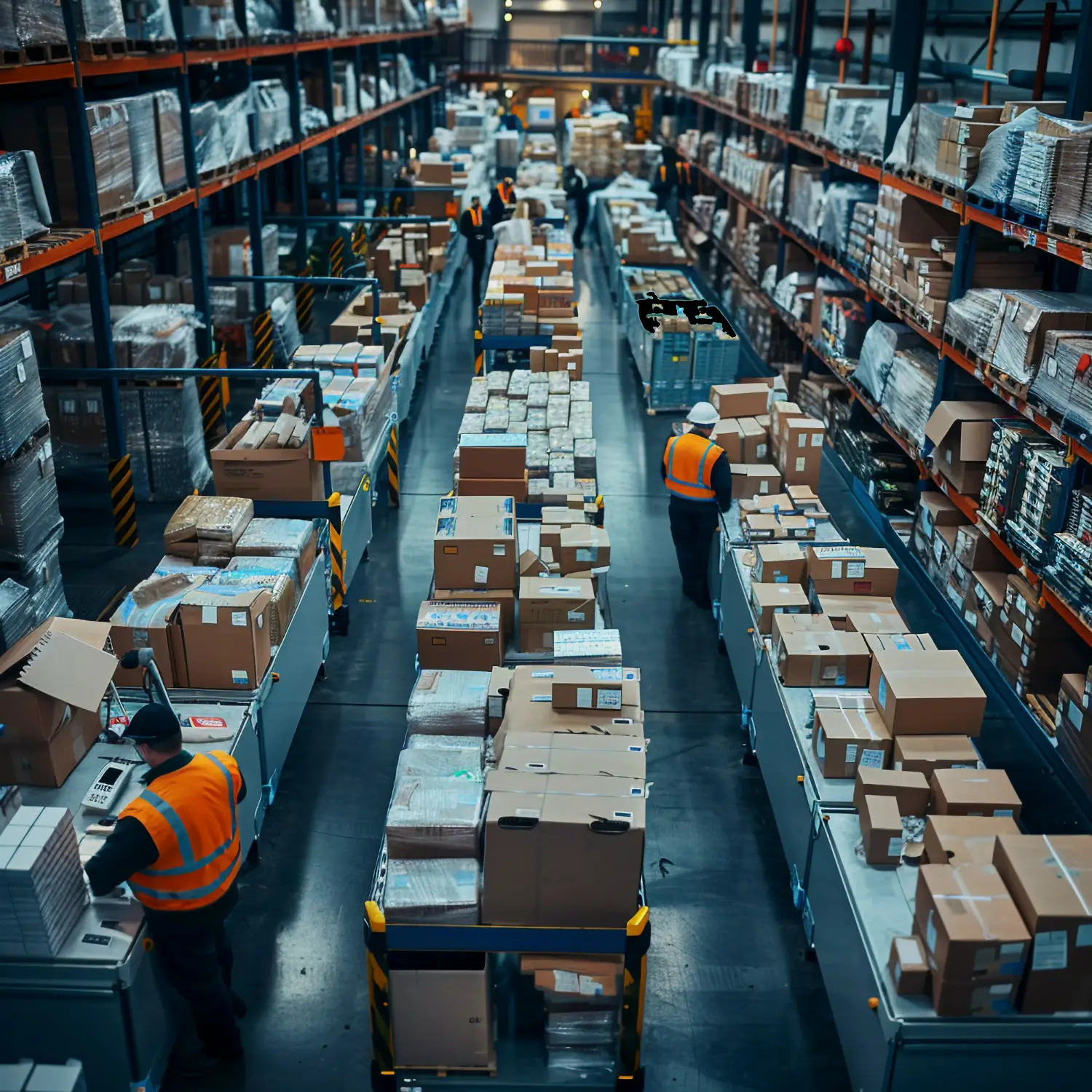 Large warehouse fulfillment center with workers sorting packages
