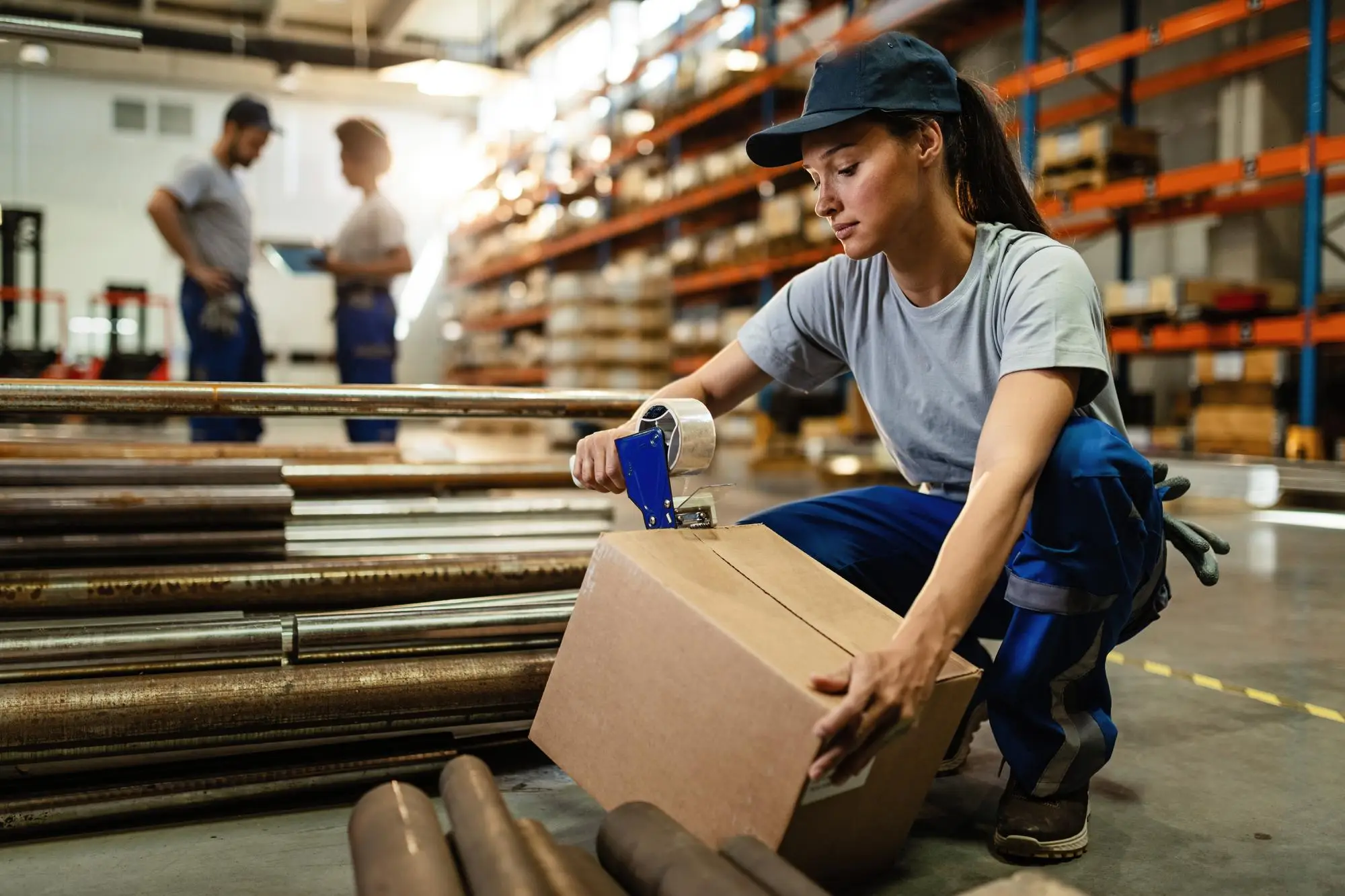 Worker sealing cardboard box on industrial factory floor