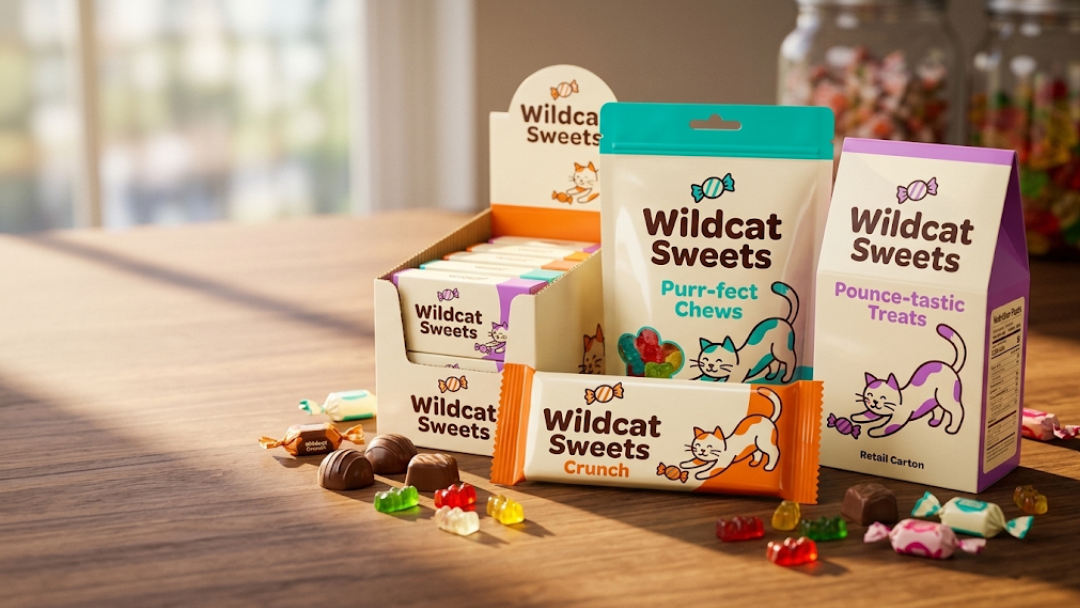 Wildcat Sweets candy pouches, boxes and bar with gummies and chocolates for custom packaging by Armour Rose.