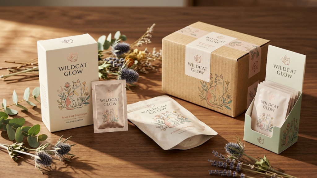 Wildcat Glow packaging range with a folding carton, sachet, pouch, shipping box, and display box on a wooden table