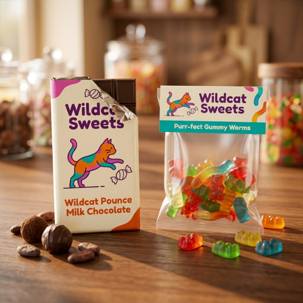 Branded sweets packaging featuring a chocolate bar and colourful gummy worms displayed on a wooden table.
