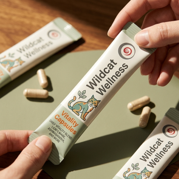 Hands hold Wildcat Wellness Vitality Capsules sachets beside loose capsules.