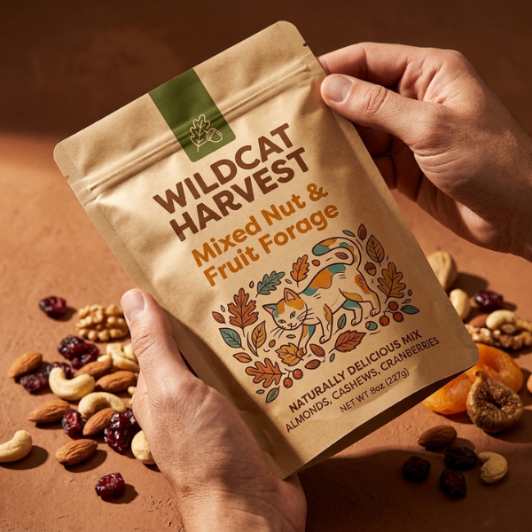 Hands hold a Wildcat Harvest Mixed Nut & Fruit Forage pouch above scattered nuts and dried fruit.