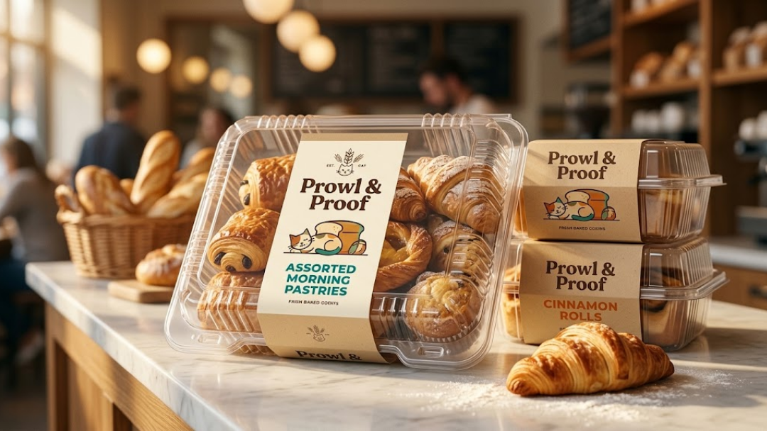 Prowl and Proof assorted morning pastries and cinnamon rolls packaging in bakery