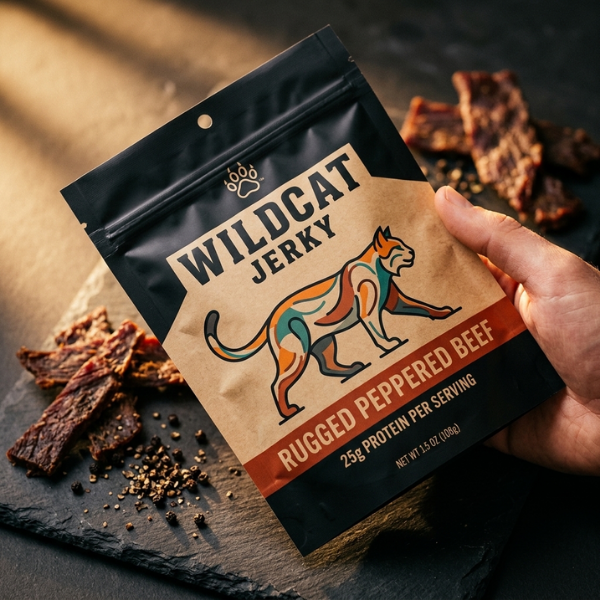 Hand holds a Wildcat Jerky Rugged Peppered Beef pouch above jerky strips on slate.