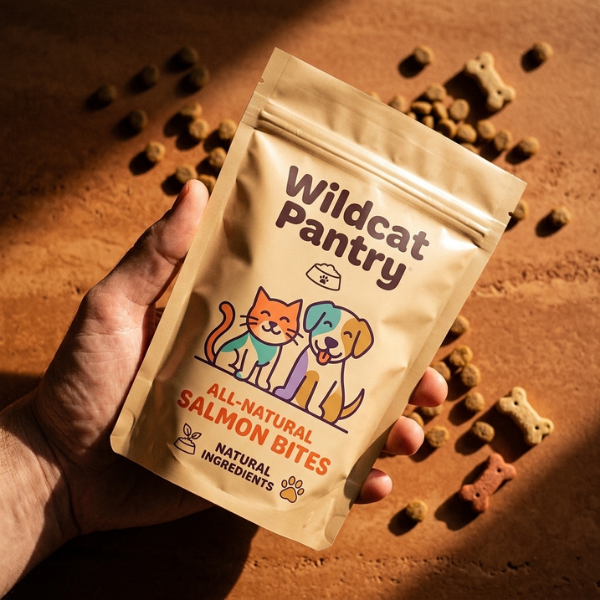 Hand holding a Wildcat Pantry all-natural salmon bites pouch above scattered pet treats