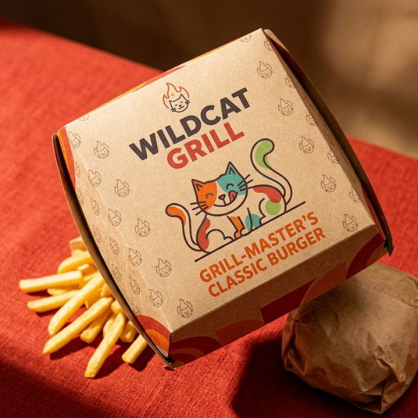 Wildcat Grill classic burger box with fries and a wrapped burger on a red cloth