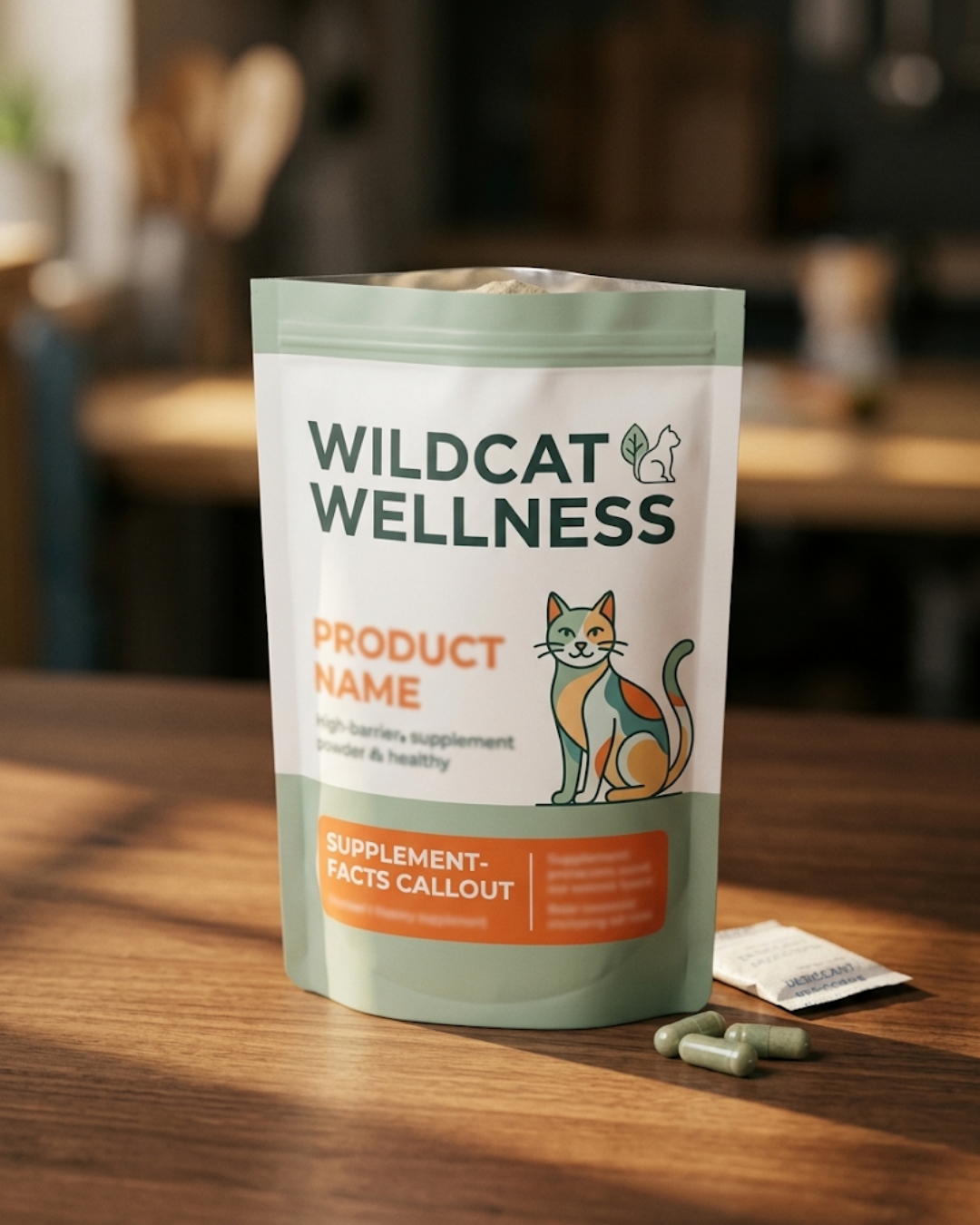 Wildcat Wellness supplement powder pouch with capsules on a wooden table.