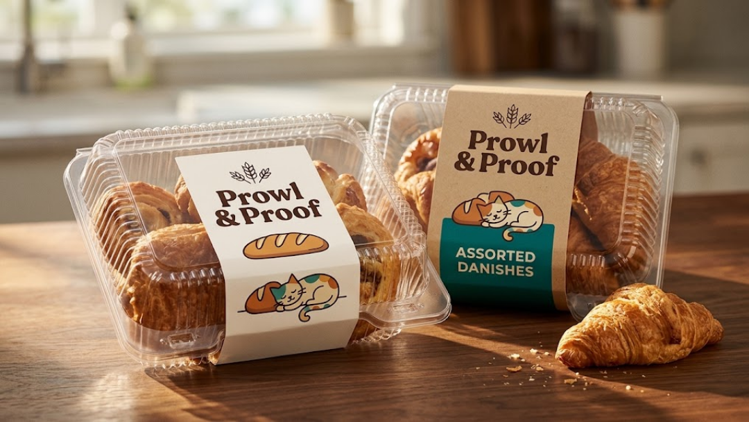 Prowl and Proof assorted danishes and pastries in clear packaging on wooden table