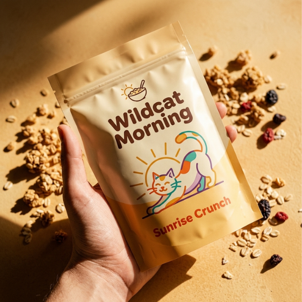 Hand holds a Wildcat Morning Sunrise Crunch granola pouch above scattered oats and berries.
