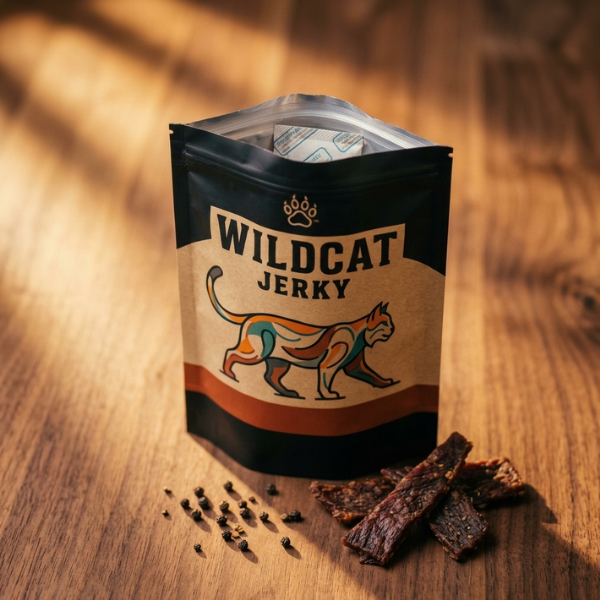 Open Wildcat Jerky pouch with jerky strips and peppercorns on a wooden table.