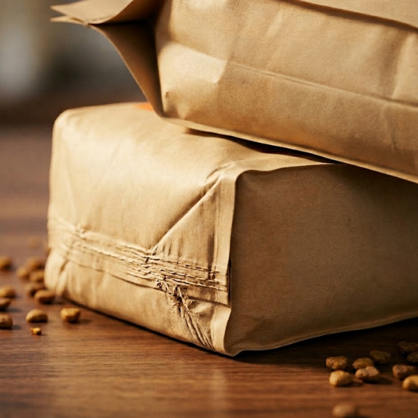 Close-up of stitched kraft paper pet food bags on a wooden table with scattered kibble