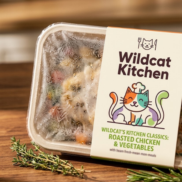 Wildcat Kitchen roasted chicken and vegetables ready meal in a sealed tray beside fresh thyme