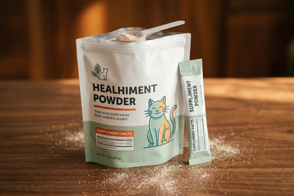 Supplement powder pouch with a scoop and stick sachet on a wooden table.