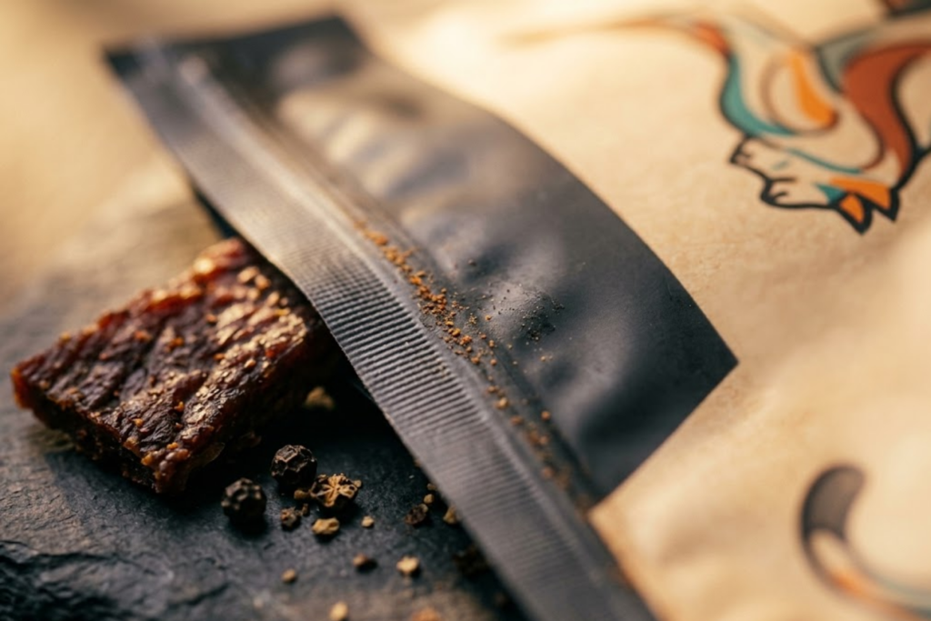 Close-up of peppered beef jerky piece with peppercorns beside an open Wildcat Jerky pouch