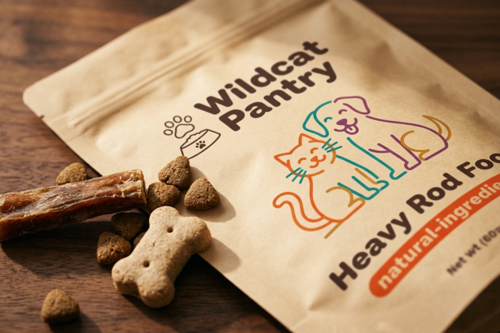 Wildcat Pantry kraft pet food pouch with a bone biscuit, kibble, and chew stick on a wooden table