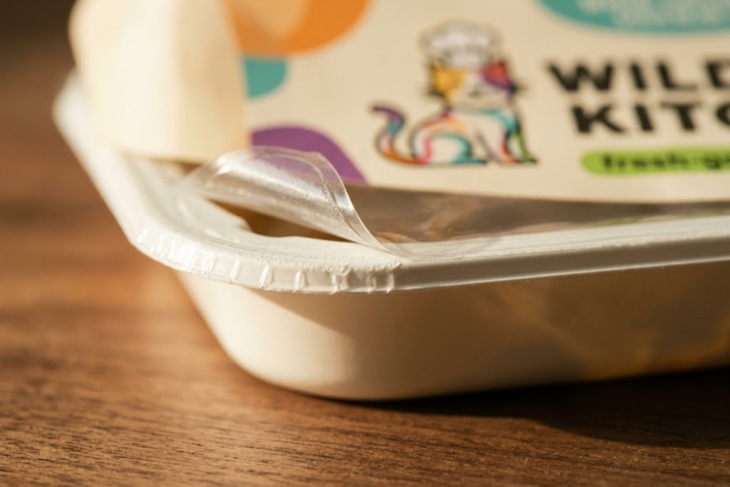 Close-up of a Wildcat Kitchen ready meal tray with the peel-back film seal partly opened