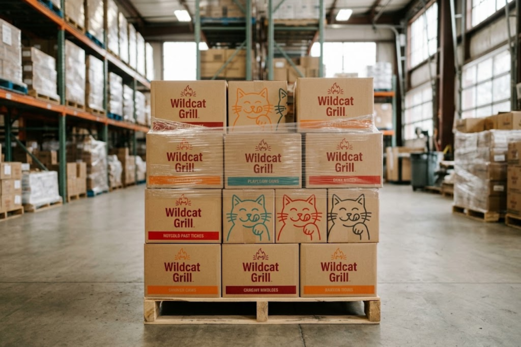 Wildcat Grill branded shipping boxes stacked and shrink-wrapped on a wooden pallet in a warehouse