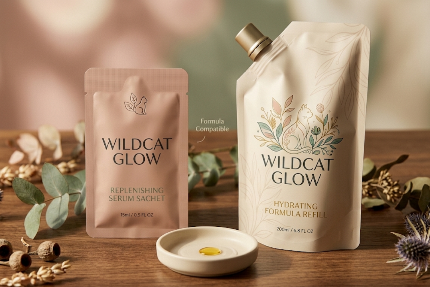 Wildcat Glow replenishing serum sachet and hydrating formula refill pouch with botanicals on a wooden table