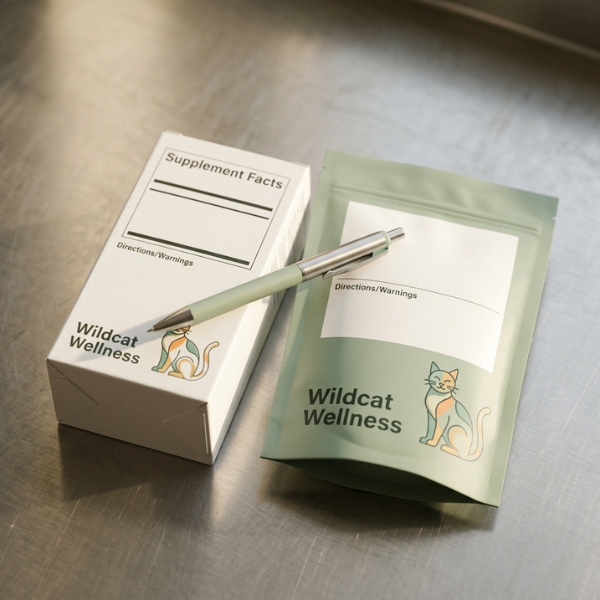 Supplement powder pouch with a pen on a table.