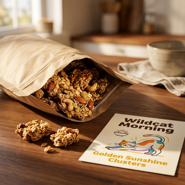 Open granola pouch spilling clusters beside a Wildcat Morning Golden Sunshine Clusters label.