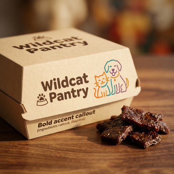 Wildcat Pantry kraft pet food box with cat and dog logo beside pieces of jerky on a wooden table