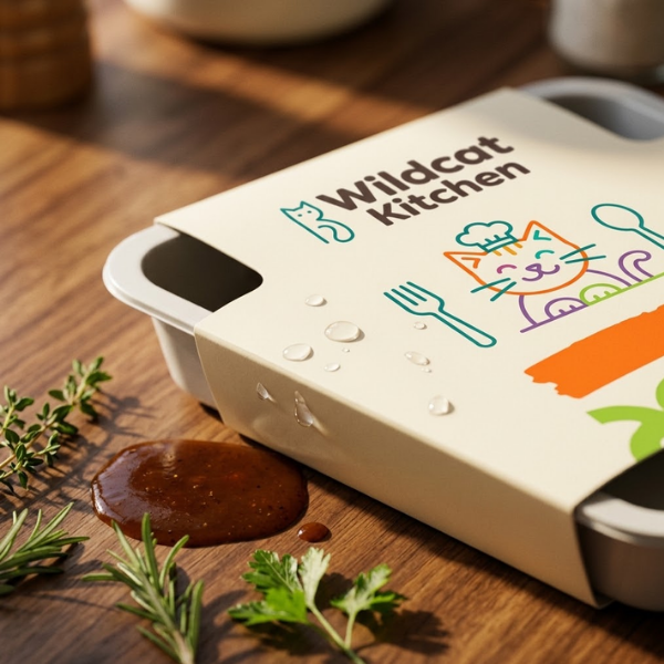 Wildcat Kitchen ready meal tray in a sleeve on a wooden table with fresh herbs and a sauce drip