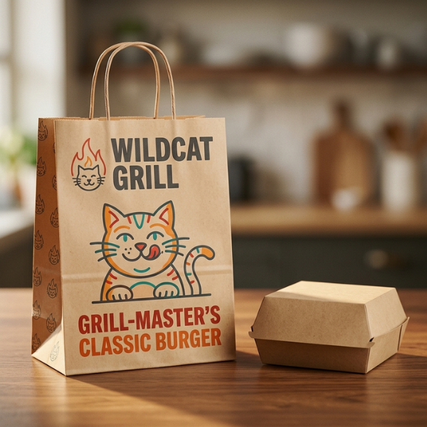 Wildcat Grill classic burger kraft takeaway bag beside a burger clamshell box on a kitchen counter