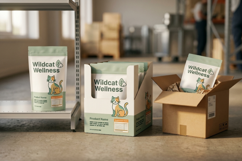 Wildcat Wellness supplement pouches with display box and shipping carton.