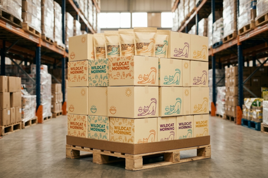 Wildcat Morning granola boxes and pouches stacked on a pallet in a warehouse aisle.
