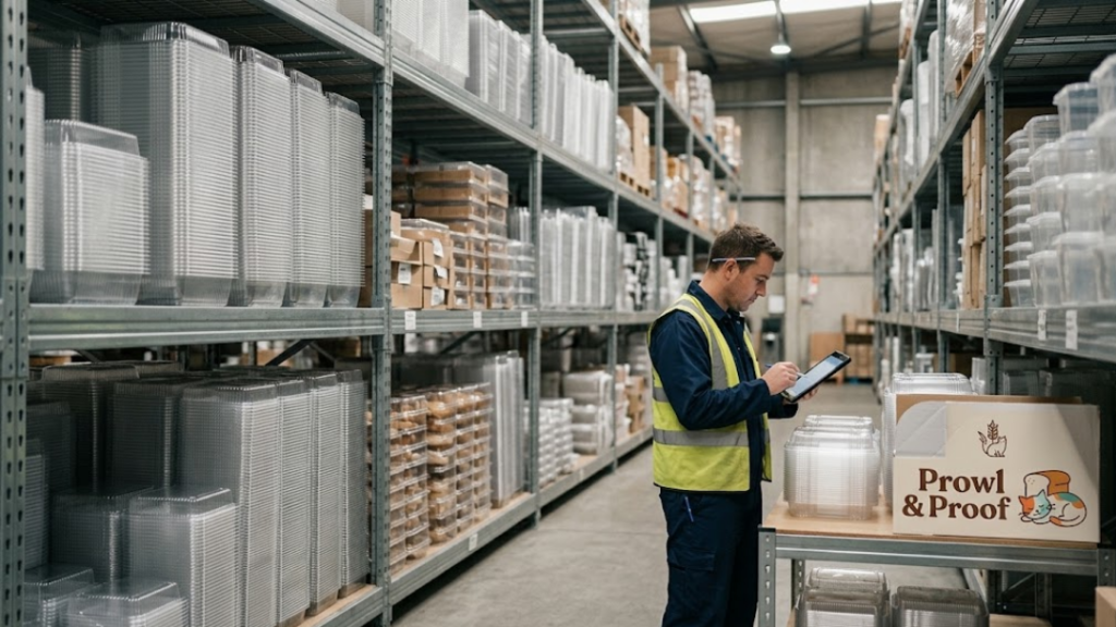 Warehouse worker using tablet to check Prowl and Proof packaging inventory on shelves