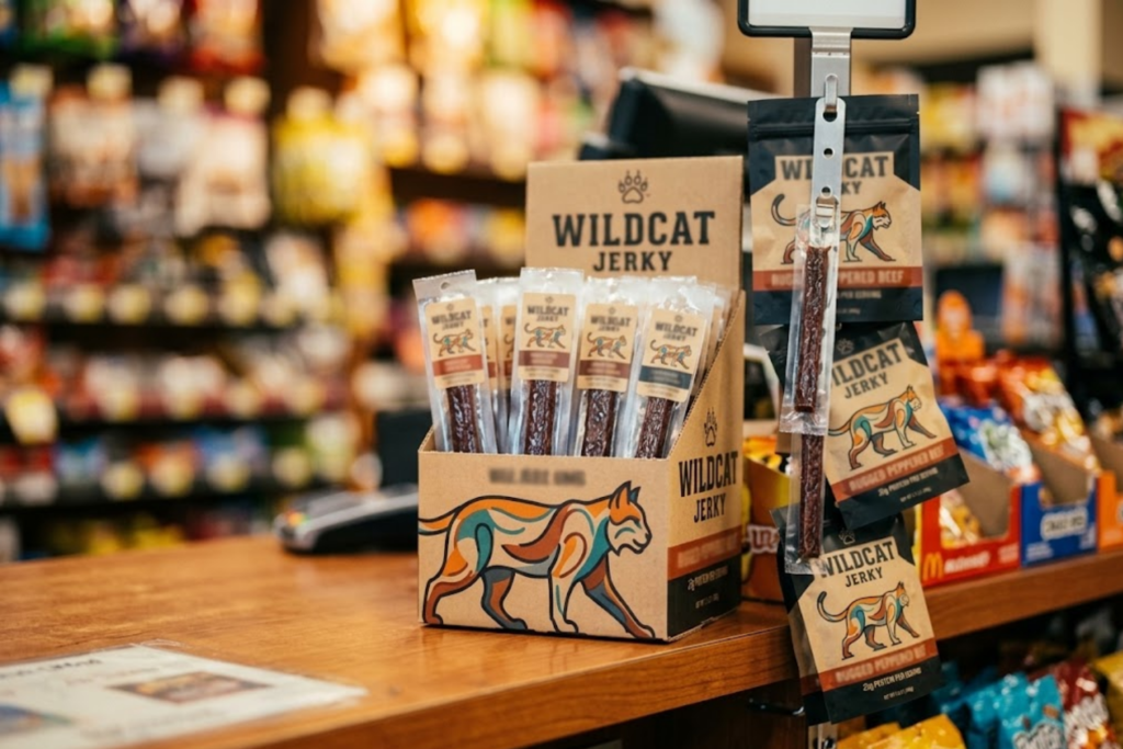 Wildcat Jerky counter display box and hanging pouches at a convenience store checkout
