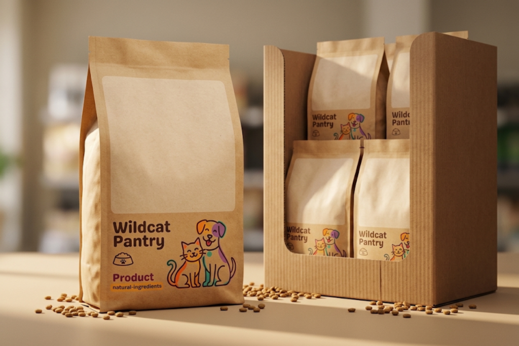 Wildcat Pantry kraft pet food pouch beside a retail display box of pouches with scattered kibble