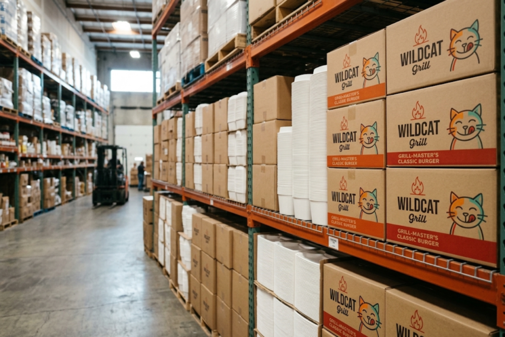 Wildcat Grill classic burger boxes stacked on warehouse shelves with a forklift in the aisle