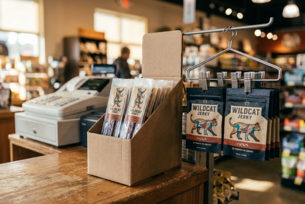 Wildcat Jerky sticks in a display box and hanging pouches beside a store checkout counter