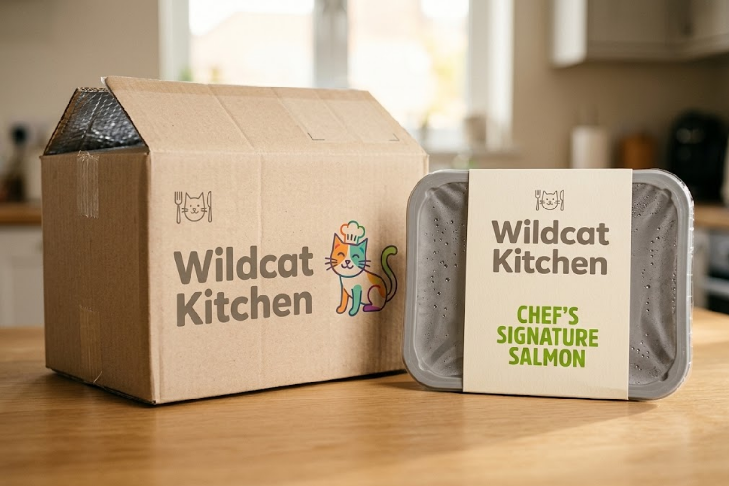 Wildcat Kitchen delivery box beside a Chef's Signature Salmon ready meal tray on a kitchen counter