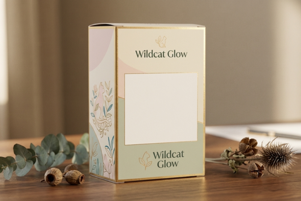 Wildcat Glow beauty carton with gold botanical accents on a wooden table beside eucalyptus and dried plants