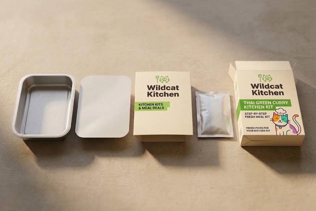 Wildcat Kitchen Thai Green Curry kit boxes, tray and pouch for custom meal kit packaging by Armour Rose.