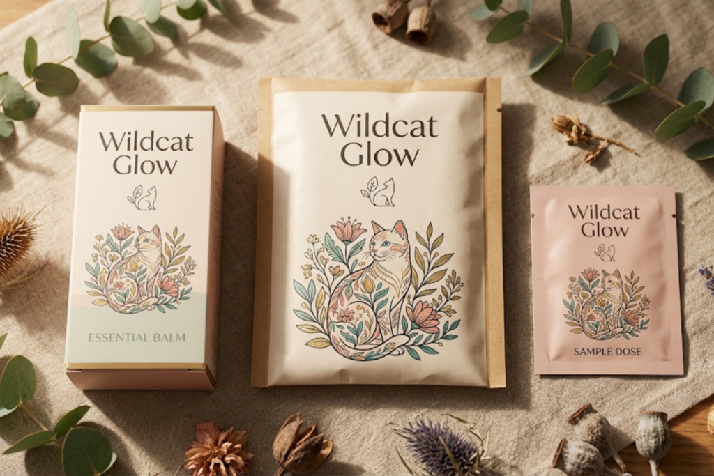 Wildcat Glow essential balm carton, pouch, and sample dose sachet with botanical art on a linen surface