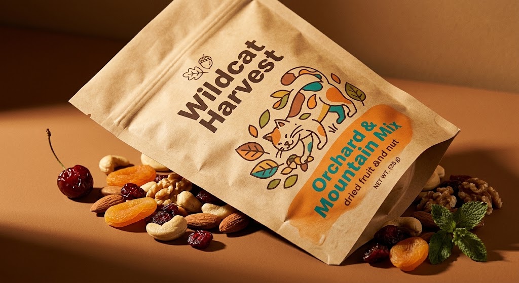 Wildcat Harvest Orchard & Mountain Mix dried fruit and nut pouch with nuts, dried fruit, and mint