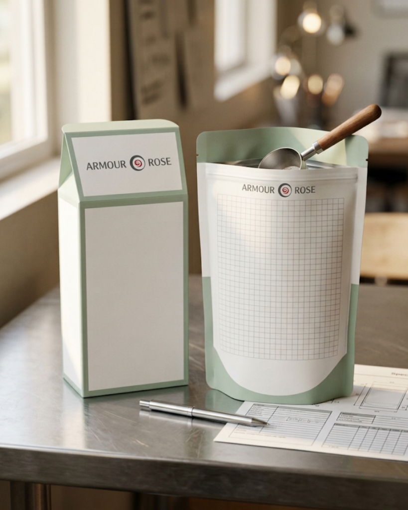 Armour Rose supplement powder pouch and carton with a scoop on a counter.