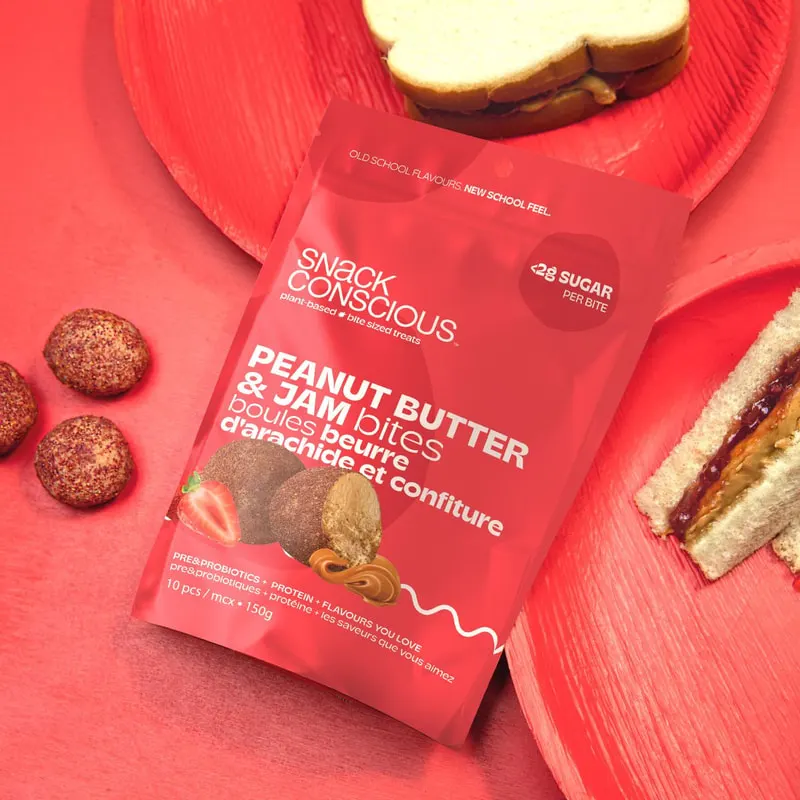 Peanut butter and jam bites pouch on red background