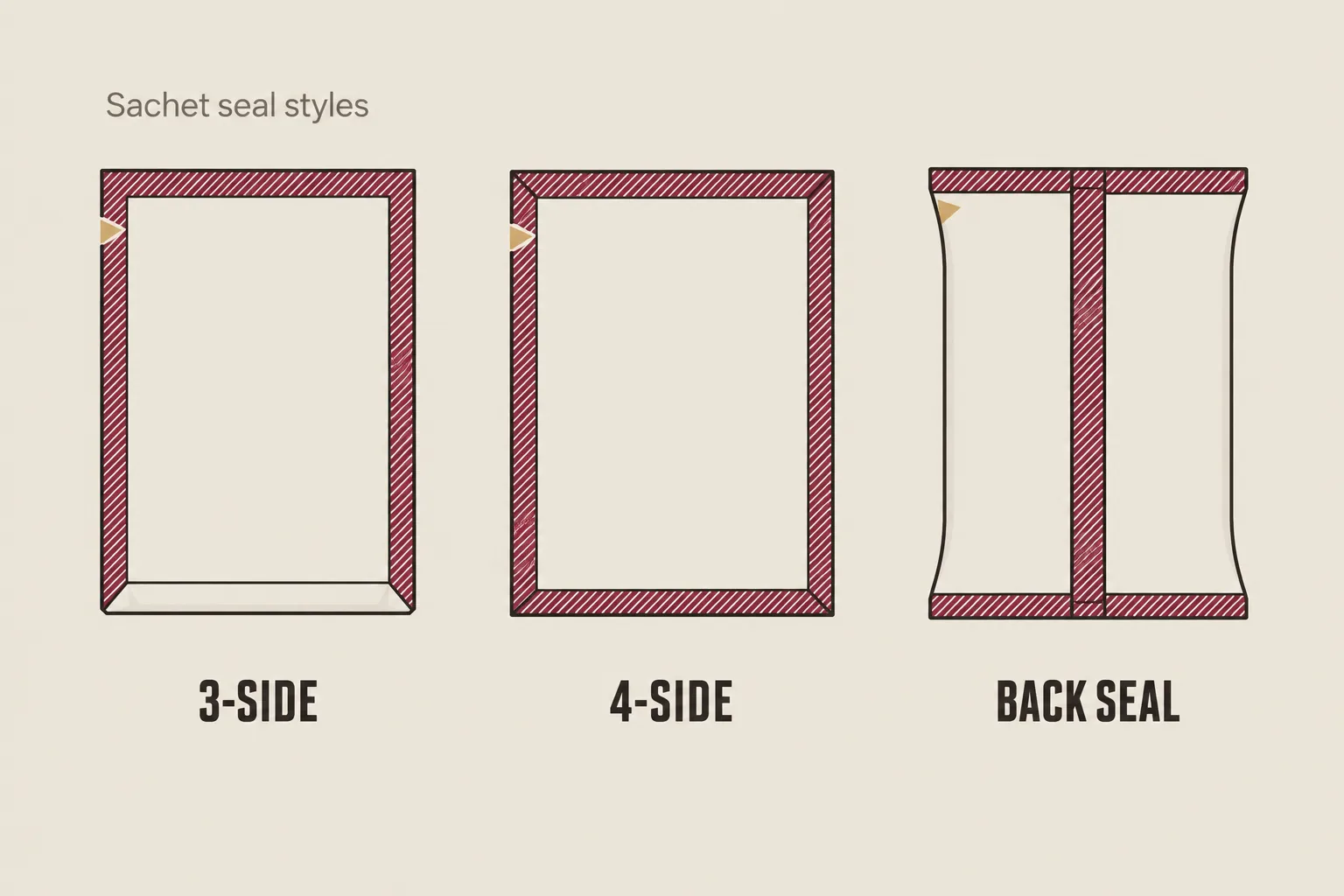 Diagram comparing three sachet constructions, three-side seal, four-side seal and back seal, with the sealed edges and tear notches marked