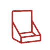 Red line icon of an open cardboard display box with an angled back panel