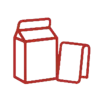 Red line icon of a gable top carton beside a flat packet on white background