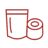 Red line icon of a flexible stand up pouch beside a roll of packaging film