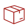 Red line icon of a closed cardboard shipping box with a taped seam