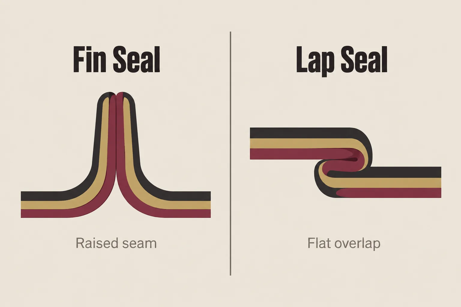 Side-by-side cross-sections of a fin seal with a raised seam and a lap seal with a flat overlap, showing the outer print, barrier and inner sealing layers