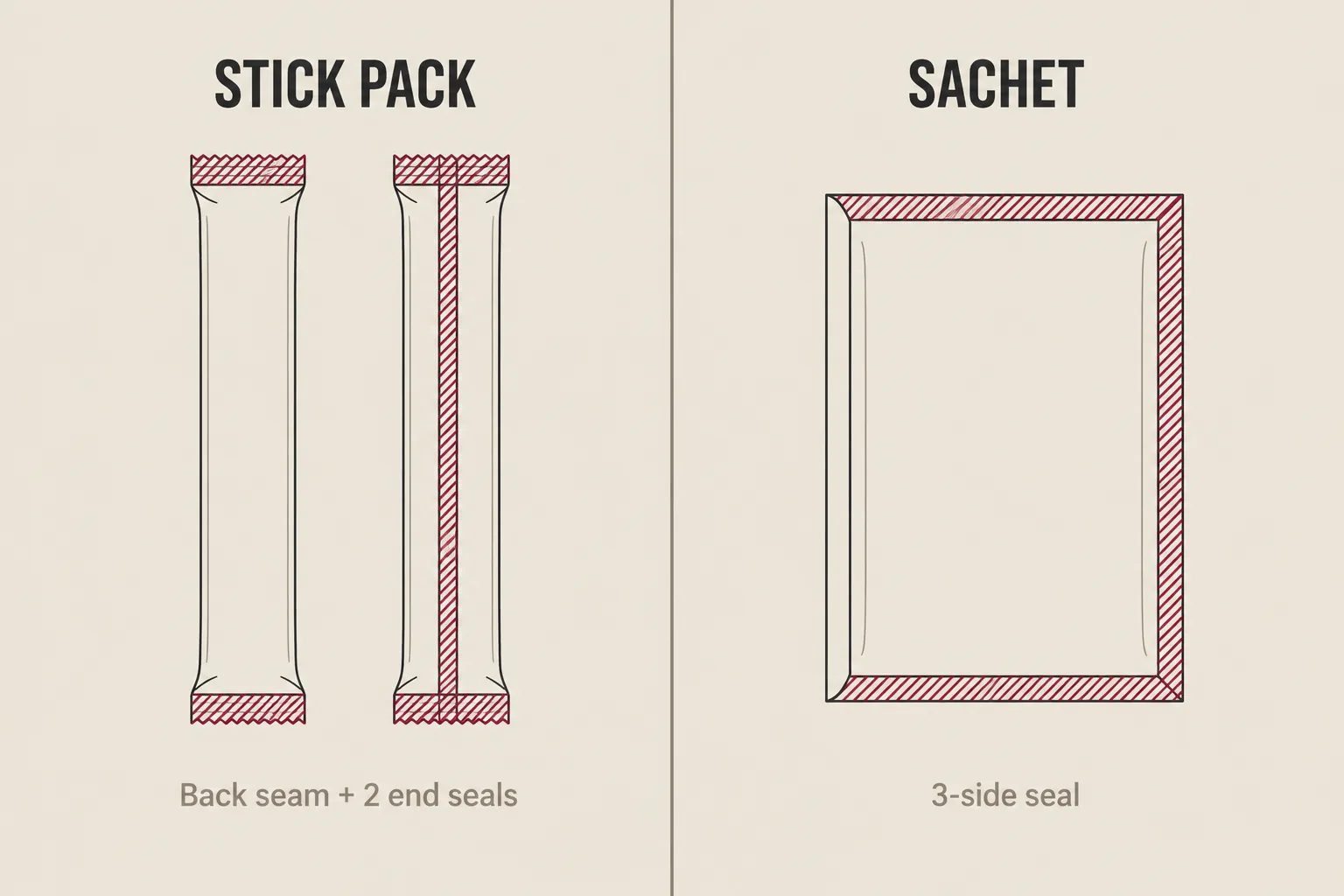 Side-by-side diagram of a stick pack with one back seam and two end seals, and a three-side-seal sachet, with each seal location highlighted