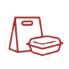Red line icon of a paper bag with handle cutout beside a takeaway food container